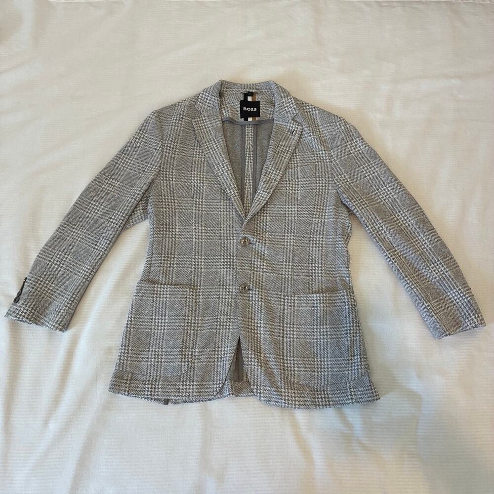Hugo Boss Slim Fit Jersey Jacket Mens 38R Bi-Stretch Gray Glen Check